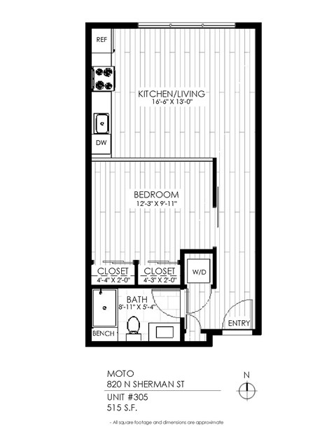 Floor plan for 1 bed, 1 bath, 670 sqft